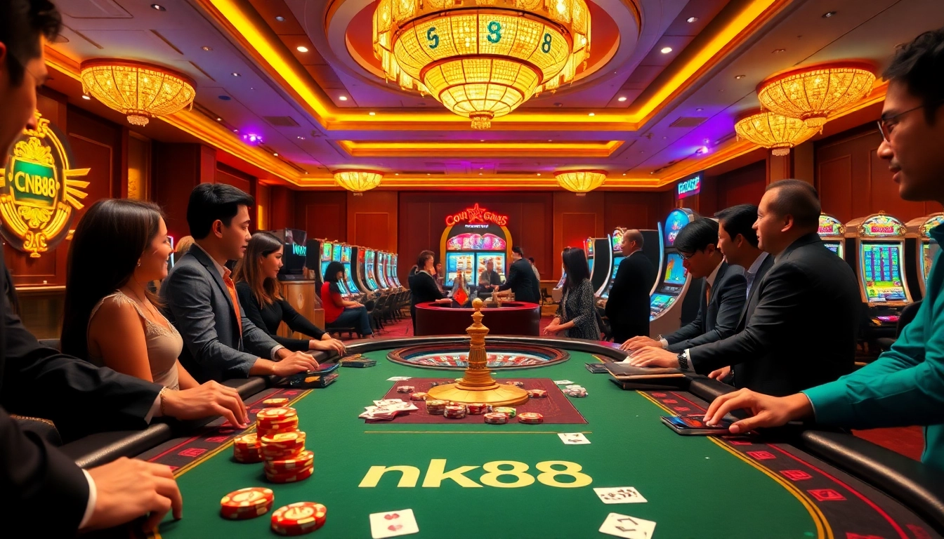Gamblers engaging with nk88 poker chips at a luxurious casino table.