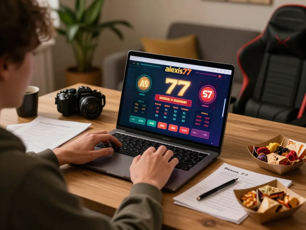 Engaging with the alexis77 casino platform on a laptop in a cozy gaming setup.