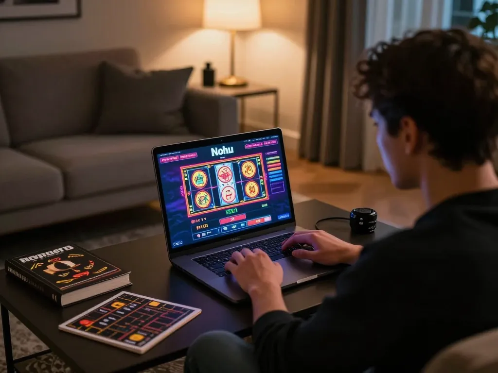 Nohu online gaming experience with player engaged in virtual slots and strategic planning.
