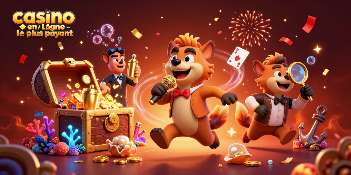 Visuel dynamique et coloré de "casino en ligne le plus payant" où des hyènes animent un club de casino avec des scènes de jeu intrigantes.