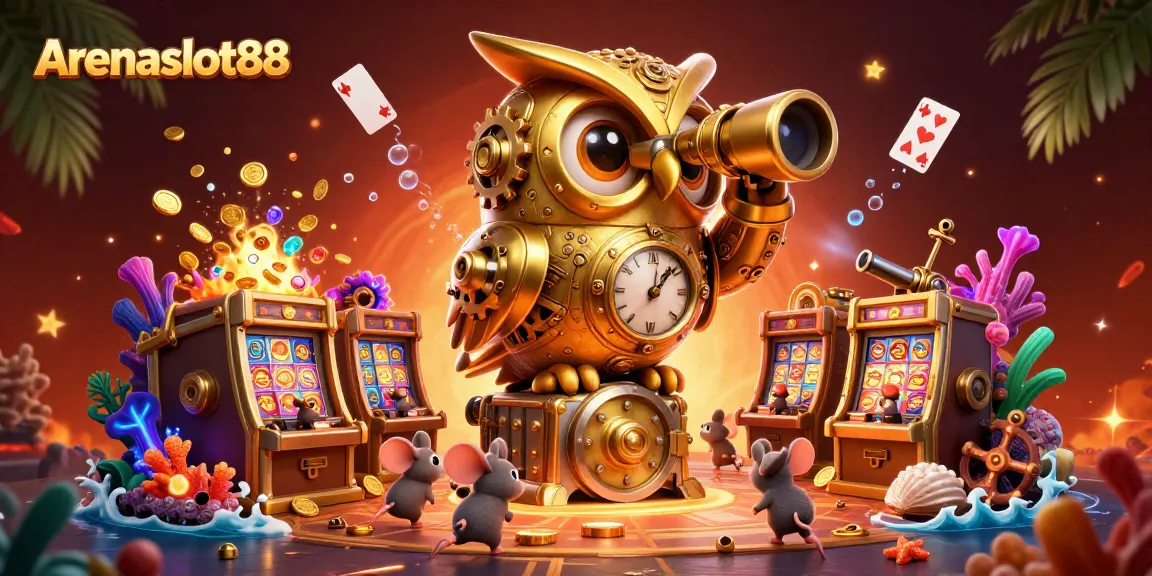 Arenaslot88 delights with a vibrant, immersive casino scene featuring a golden owl and wind-up mice among treasures.