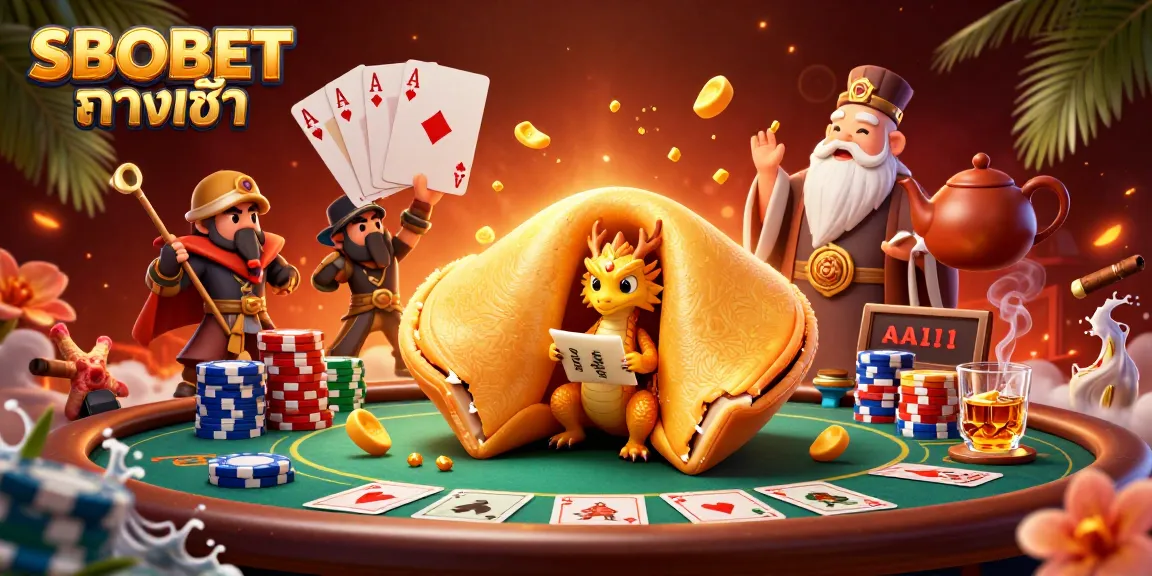 SBOBET ทางเข้า gaming illustration featuring a golden fortune cookie and poker elements