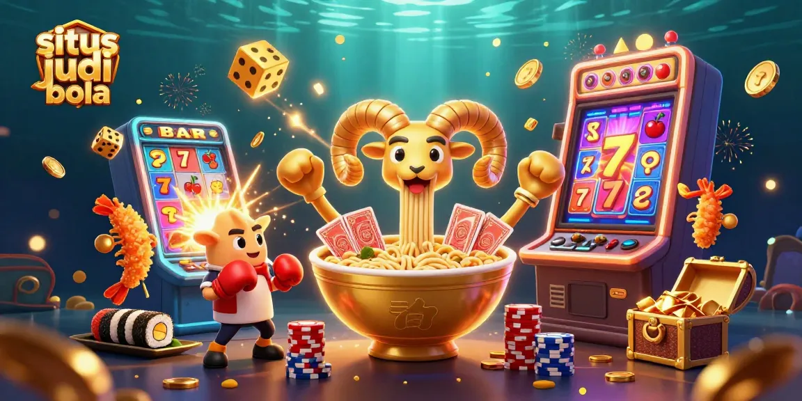 Situs judi bola captivates players with a vibrant 3D casino scene featuring a giant ramen bowl character and dynamic slot action.