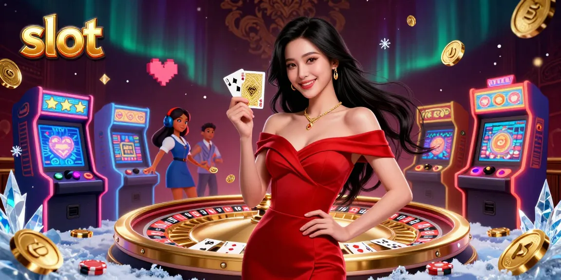 Spin the slot reels with a confident Asian woman in an elegant gown, playing casino games.