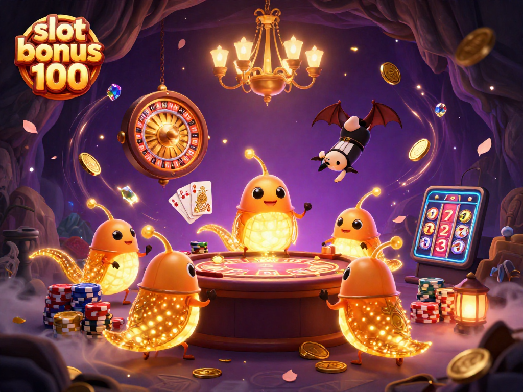 Engage with the thrilling slot bonus 100 experience amidst glowing glowworms and a whimsical casino scene.