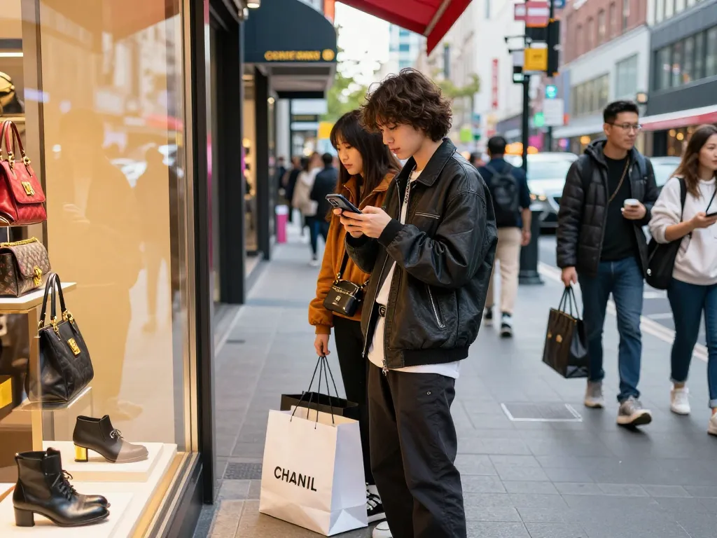 Browsing the 레플리카 쇼핑몰 for trendy fashion items in an urban setting.