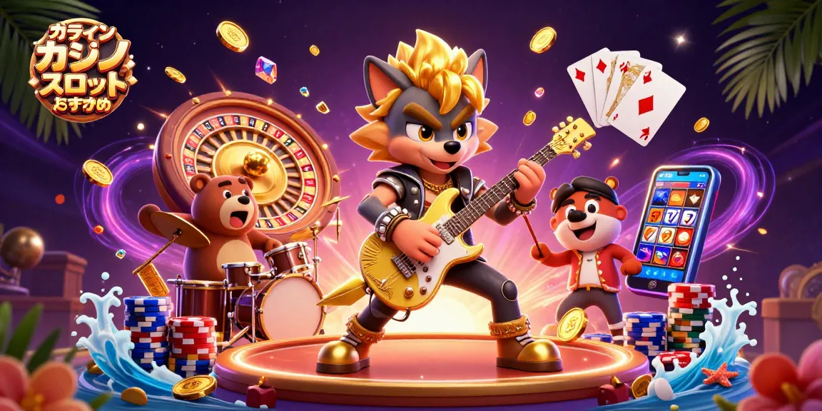 オンラインカジノスロットおすすめで、カジノステージでギターを演奏する狼のロックスターとドラムを叩くクマが描かれています。