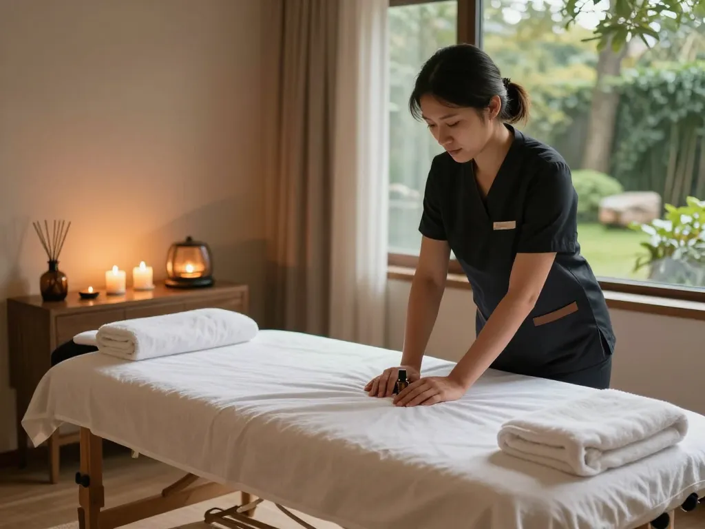 Relaxing Swedish massage setup in a tranquil spa room, showcasing essential oils and calming atmosphere at https://www.makangs.com/region/국내/서울-/마사지-스웨디시.