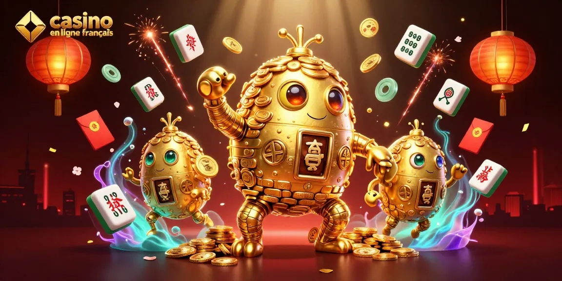 Vivez l'excitation d'un casino en ligne français avec un golem doré et des symboles de jeux animés.