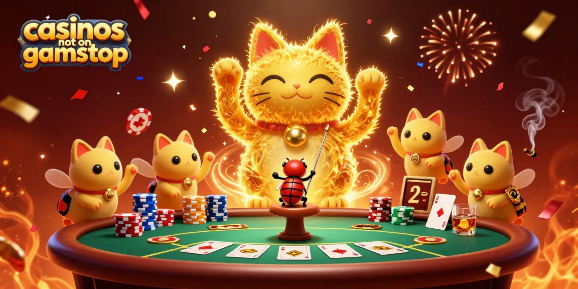 Experience thrilling gaming at casinos not on gamstop with vibrant 3D illustration of a lucky cat and poker elements.