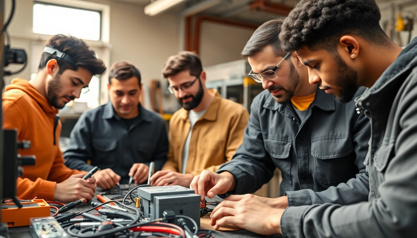 Apprentices in an electrical apprenticeship training environment, actively learning hands-on skills.