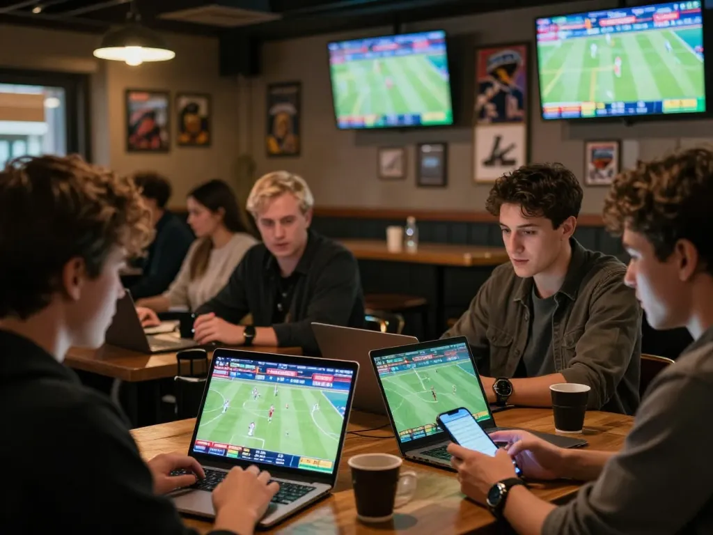 Engaged sports betting enthusiasts using mobile apps for soi keo nha cai while watching live games in vibrant bar