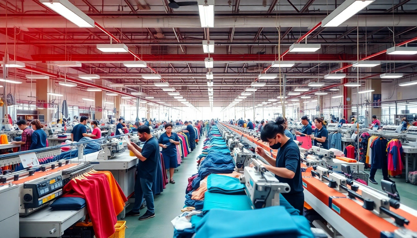 Showcase of apparel manufacturers in China at work, featuring skilled workers and colorful textiles.