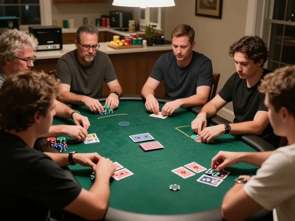 N188 players engaging in a competitive poker game at a cozy home gathering with chips and cards.