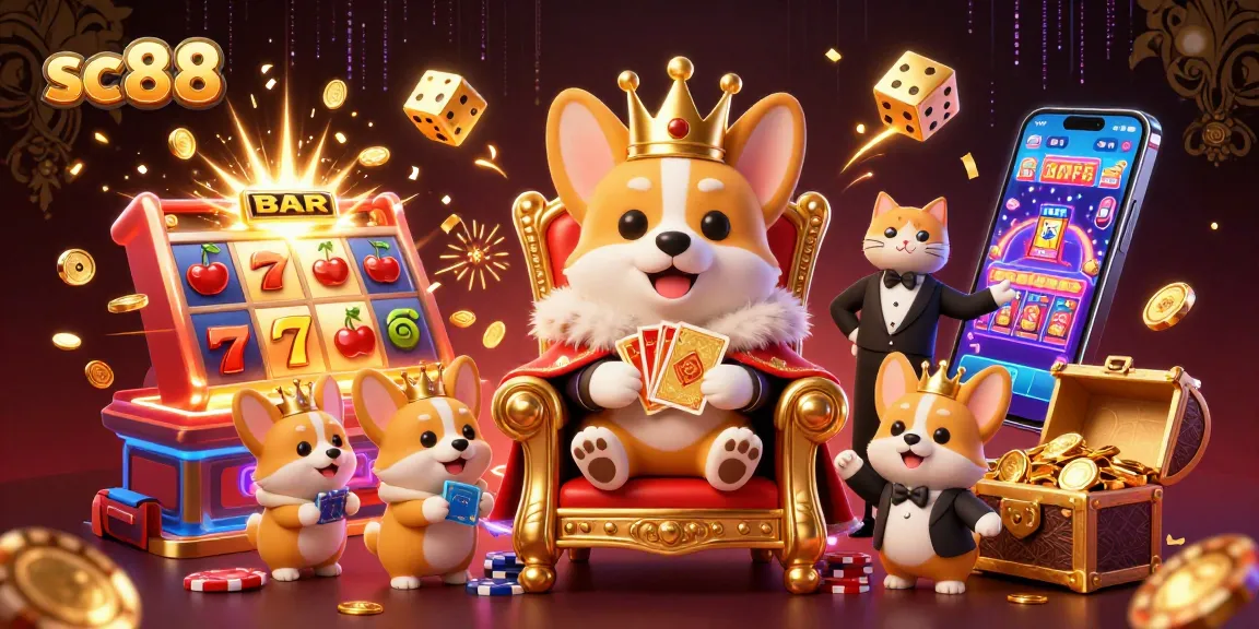 Experience exciting gaming with sc88’s royal corgi and vibrant slot machines creating a fun casino ambiance.