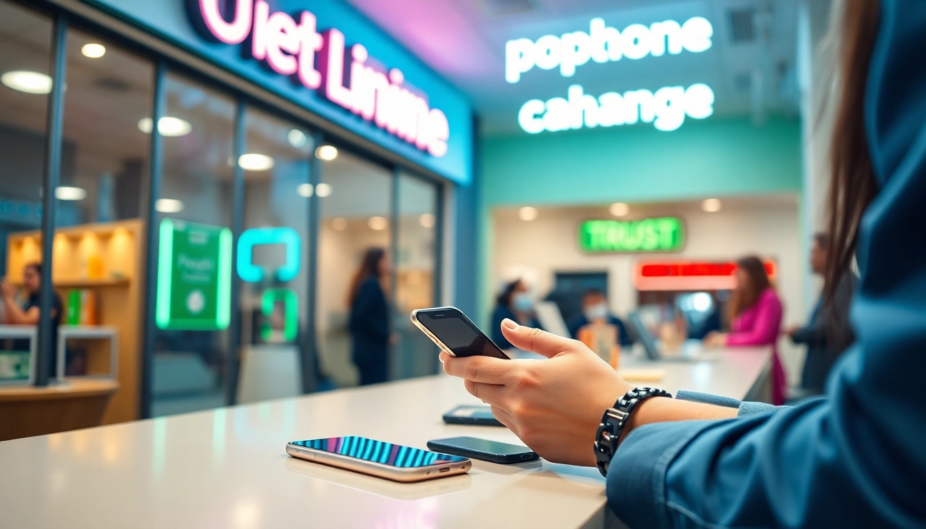 Cash for phones Jacksonville AR transaction, depicting a satisfied customer at a vibrant storefront.