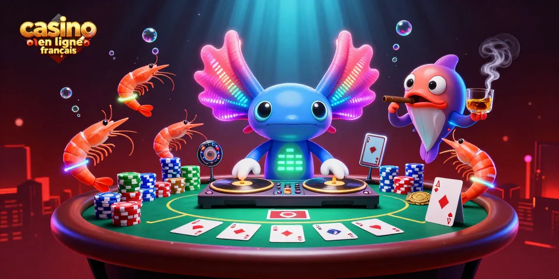 Jouez au casino en ligne français avec excitation dans une scène vibrante d'axolotl DJ et de crevettes dansantes.