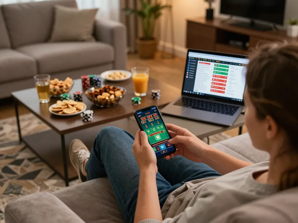 A player enjoying online blackjack on their smartphone at mm88.blog in a cozy home setting with snacks.