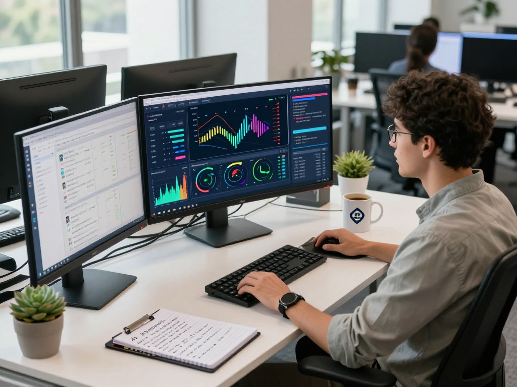 AI detector workspace with screens showing content moderation tools and analytics.