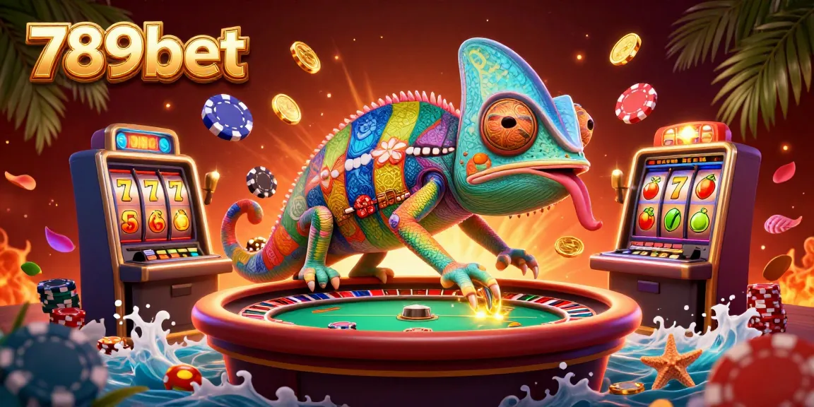 Experience the excitement of 789bet with vivid slot machine action and the playful chameleon casino owner.