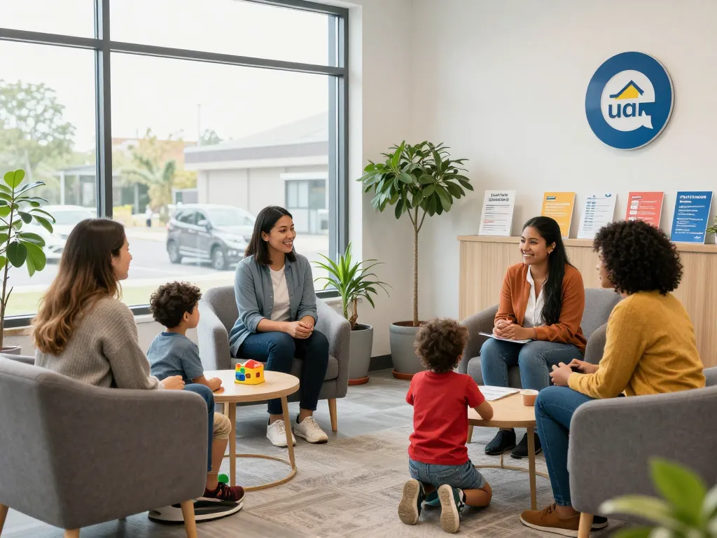 Community-focused credit union scene with friendly staff assisting families in a bright, inviting environment.