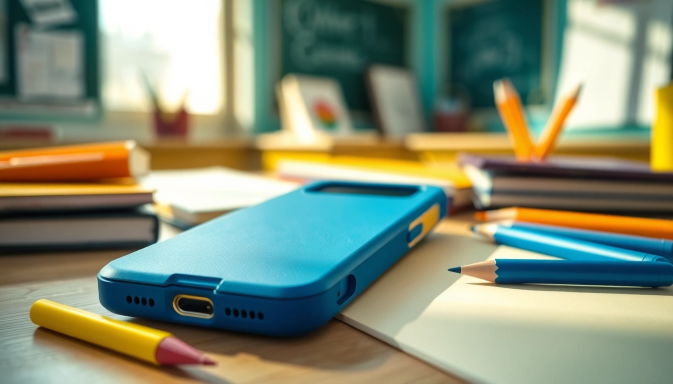 Handytasche Schule auf einem Schreibtisch mit Schulmaterialien, ideal für Schüler.