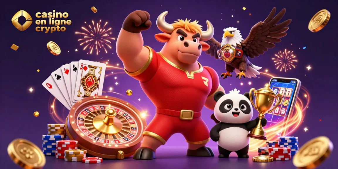 Un casino en ligne crypto vibrant avec un taureau victorieux, un aigle, et un panda célébrant.