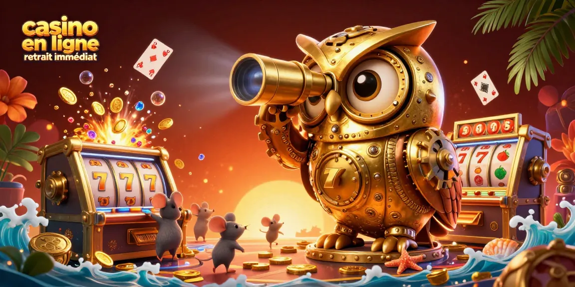 Casino en ligne retrait immédiat avec des machines à sous et un hibou doré en illustration dynamique.