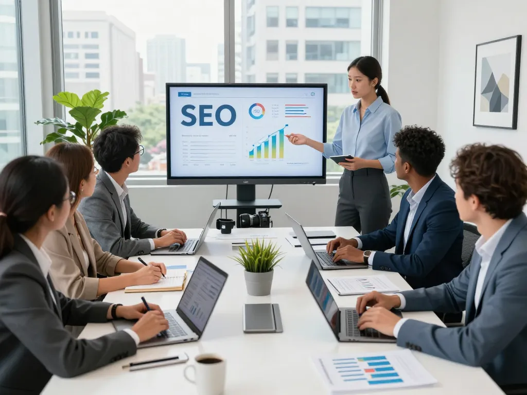 SEO Company in NYC team collaborating in a modern office on digital marketing strategies.