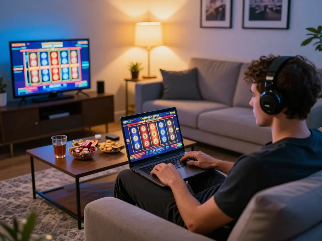 Bermain di platform gaming kasino online HOKI77 link dari setup rumah yang nyaman dengan gulungan slot yang menarik.