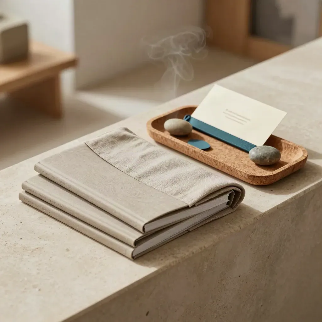 Starter bundle of guides and linen wrap on a travertine ledge with soft teal accents