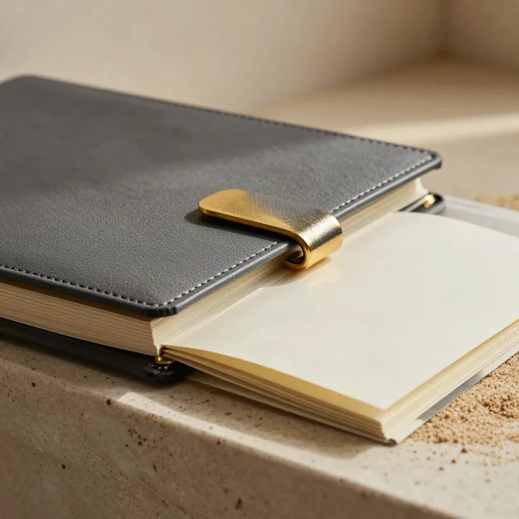 Graphite affiliate planner slipcase half open on travertine with brass tab and folded insert