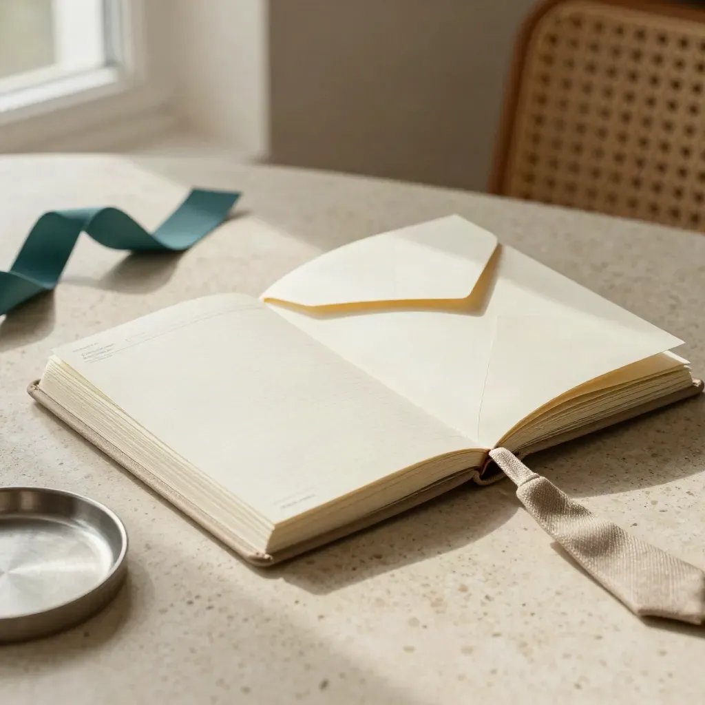 Cream budget planner opened on travertine with teal ribbon, soft haze, and a calm work surface.