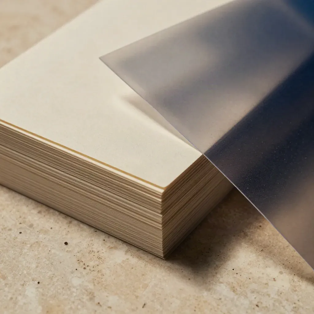 Macro of fanned idea cards, matte booklet and translucent sleeve on pale travertine