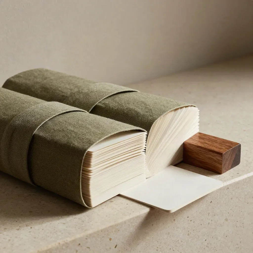 Macro of modular income-planning cards, three bound sections and a wooden spacer block on travertine.