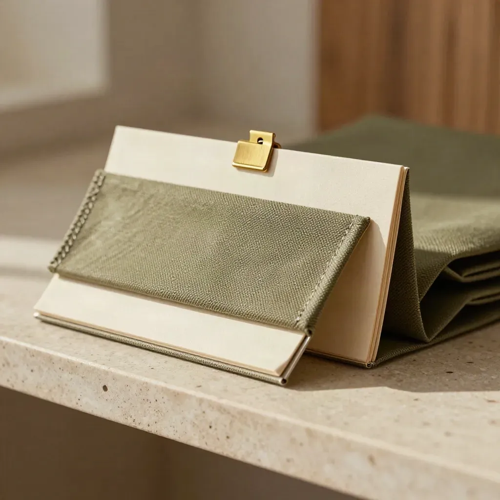 Macro of a khaki canvas pitch pack with blank sleeves and brass clip on travertine.