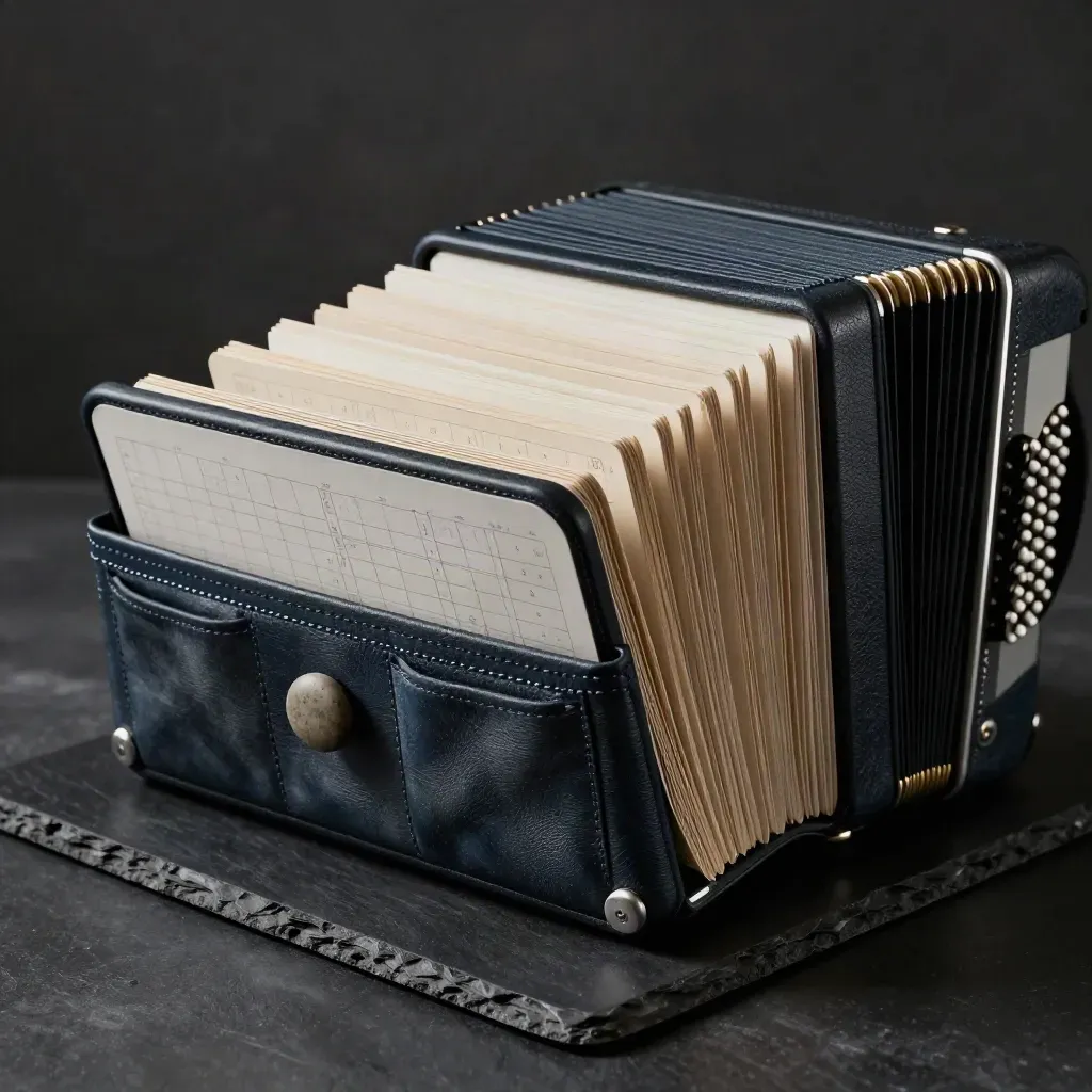 Open accordion cash-flow tracker case with inserts and stone weight on dark slate.