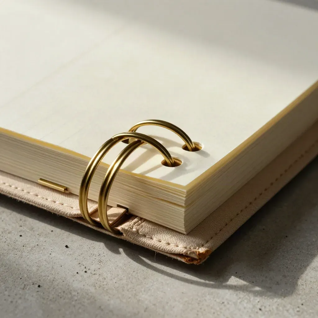 Macro of a spiral-bound planning kit with blank pages, brass markers and a canvas holder.