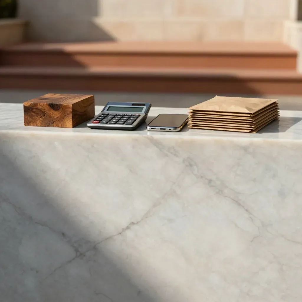 Sunlit marble ledge with wood block, calculator, phone, mailers, and blurred terracotta steps.