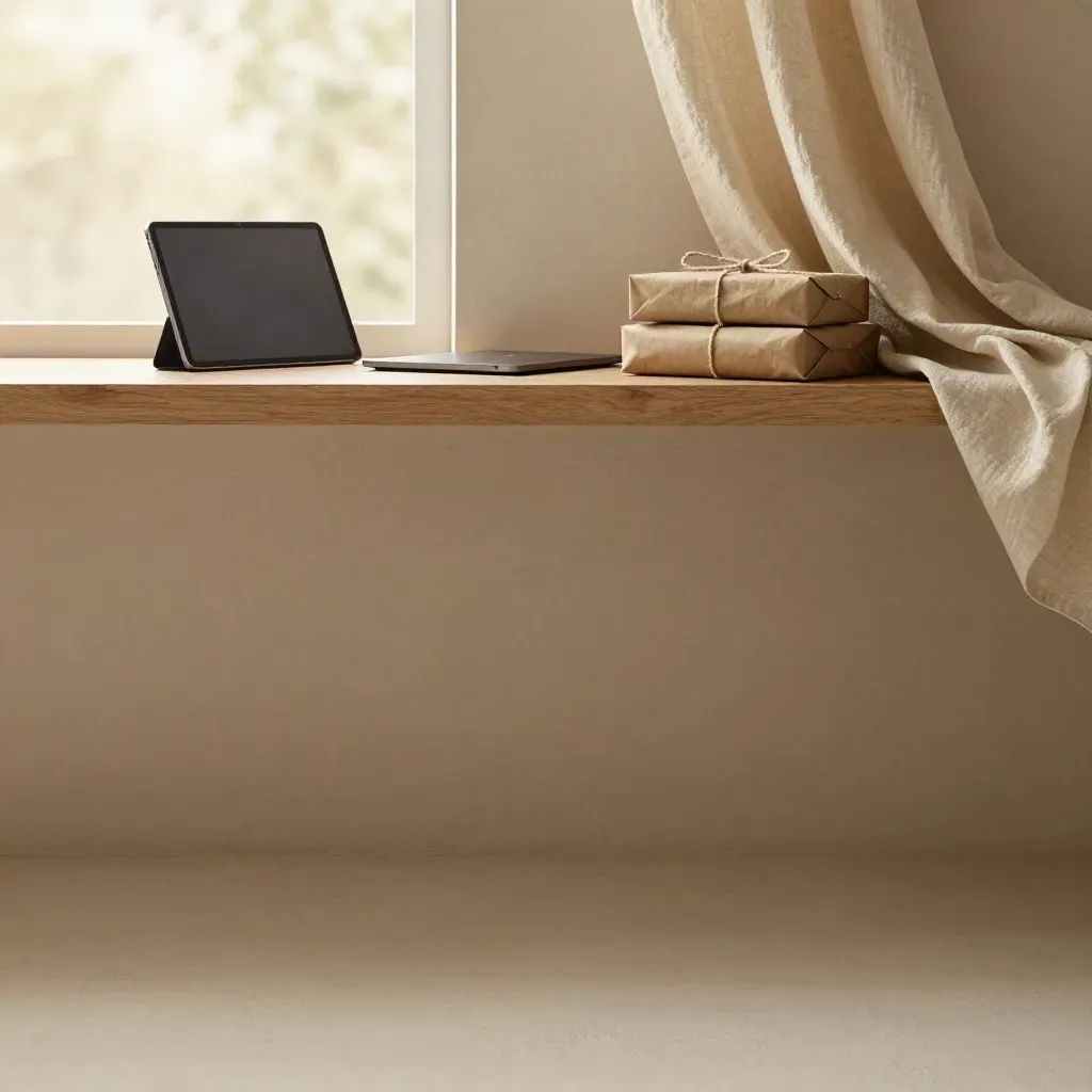 Warm plaster interior with oak shelf, parcels, laptop and soft window light.
