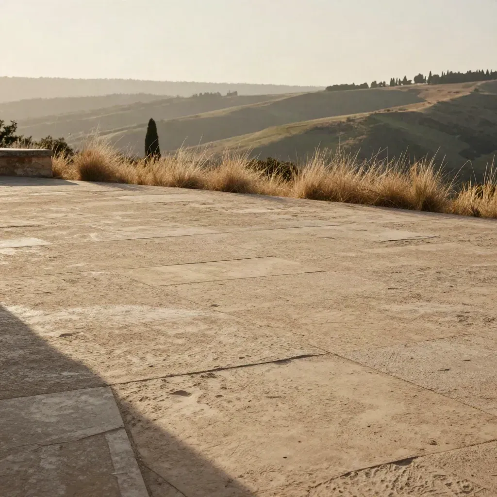 Sandstone terrace above a hazy hillside with grasses and distant cypress.