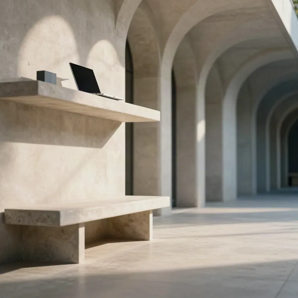 Sunlit concrete arcade with arches and stone bench, open calm floor for copy.