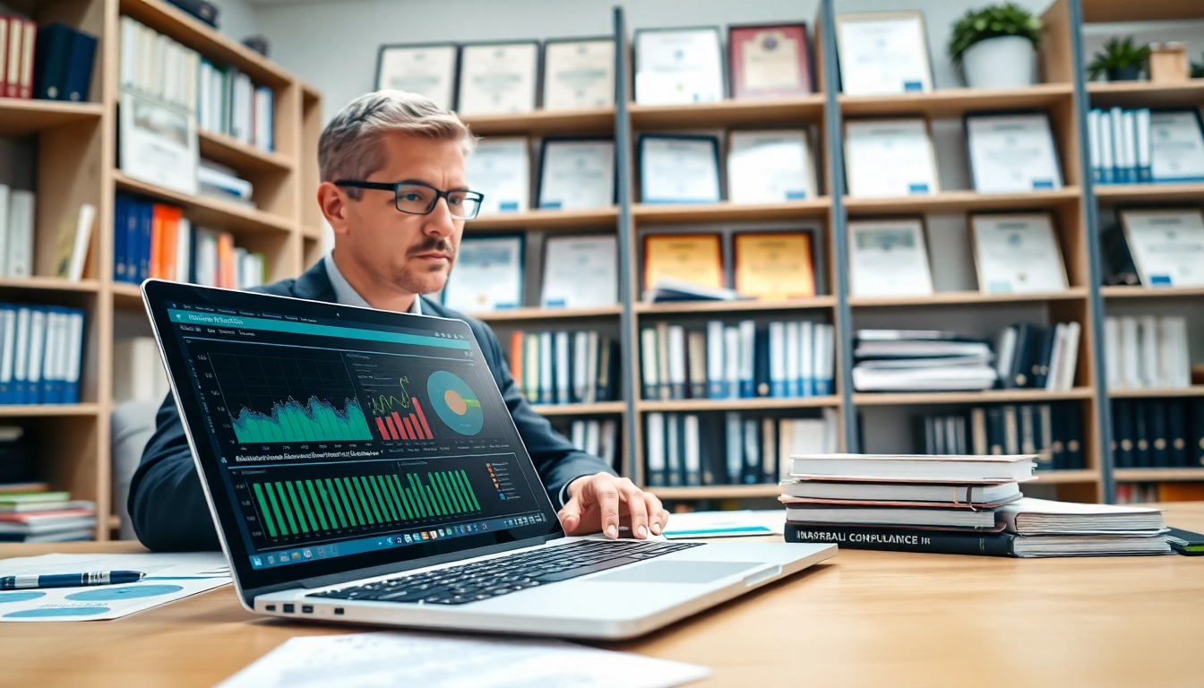 Consultant analyzing grants and pre-post award compliance in a bright office setting.