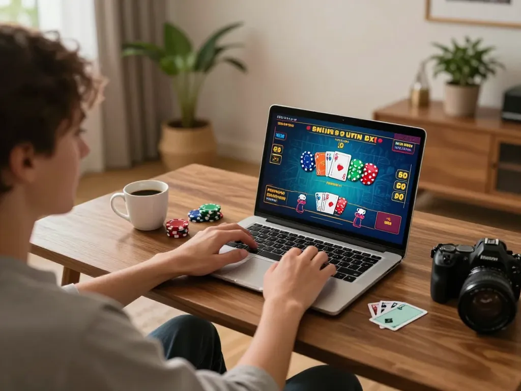 A person enjoying online casino games on mm88pc from a cozy home gaming setup.
