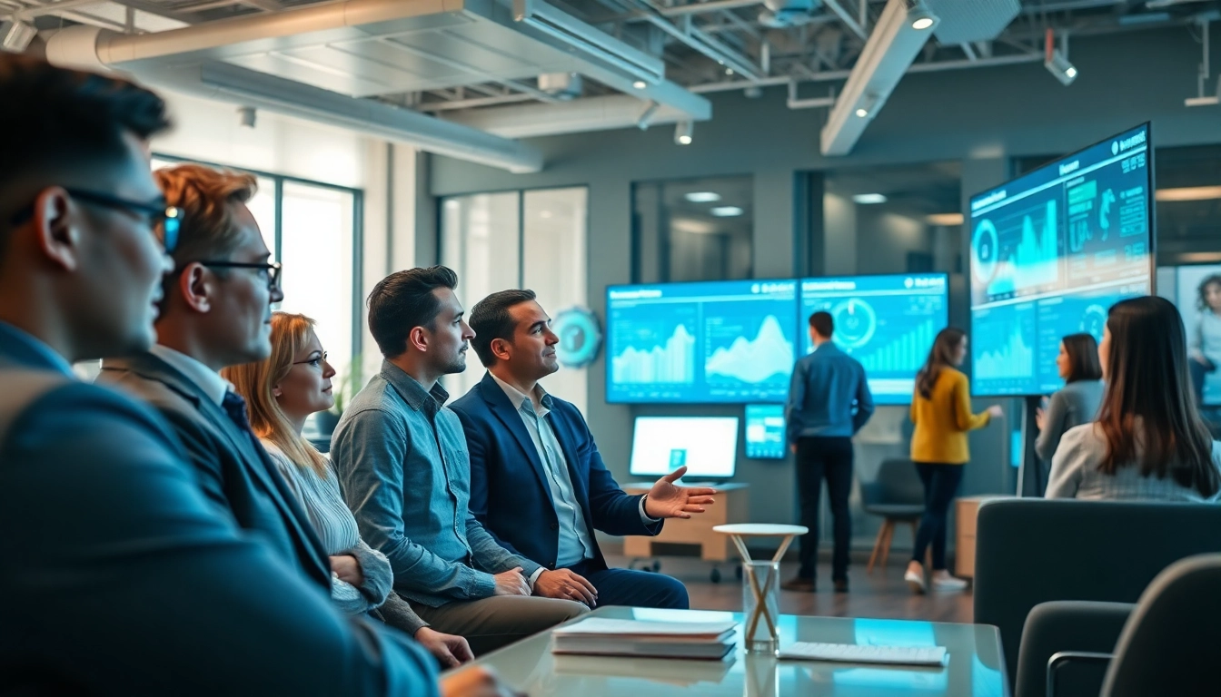 Visualize an AI powered warranty company with professionals collaborating in a high-tech office.
