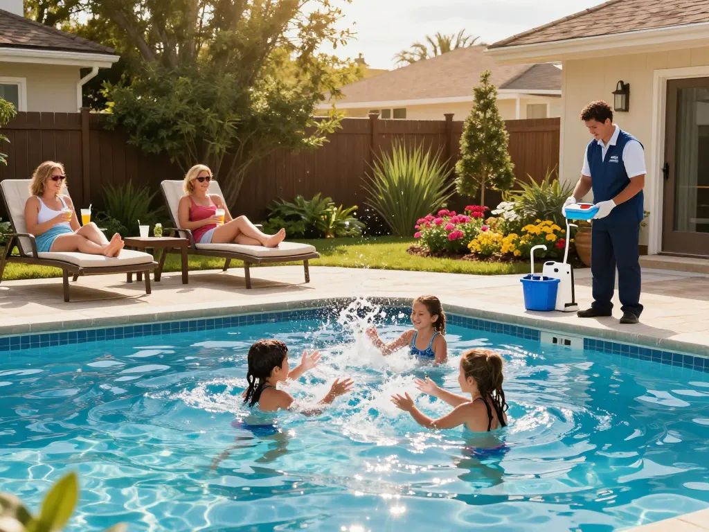 Dolphin Pool Services providing exceptional care in a vibrant backyard pool scene filled with family fun and relaxation.