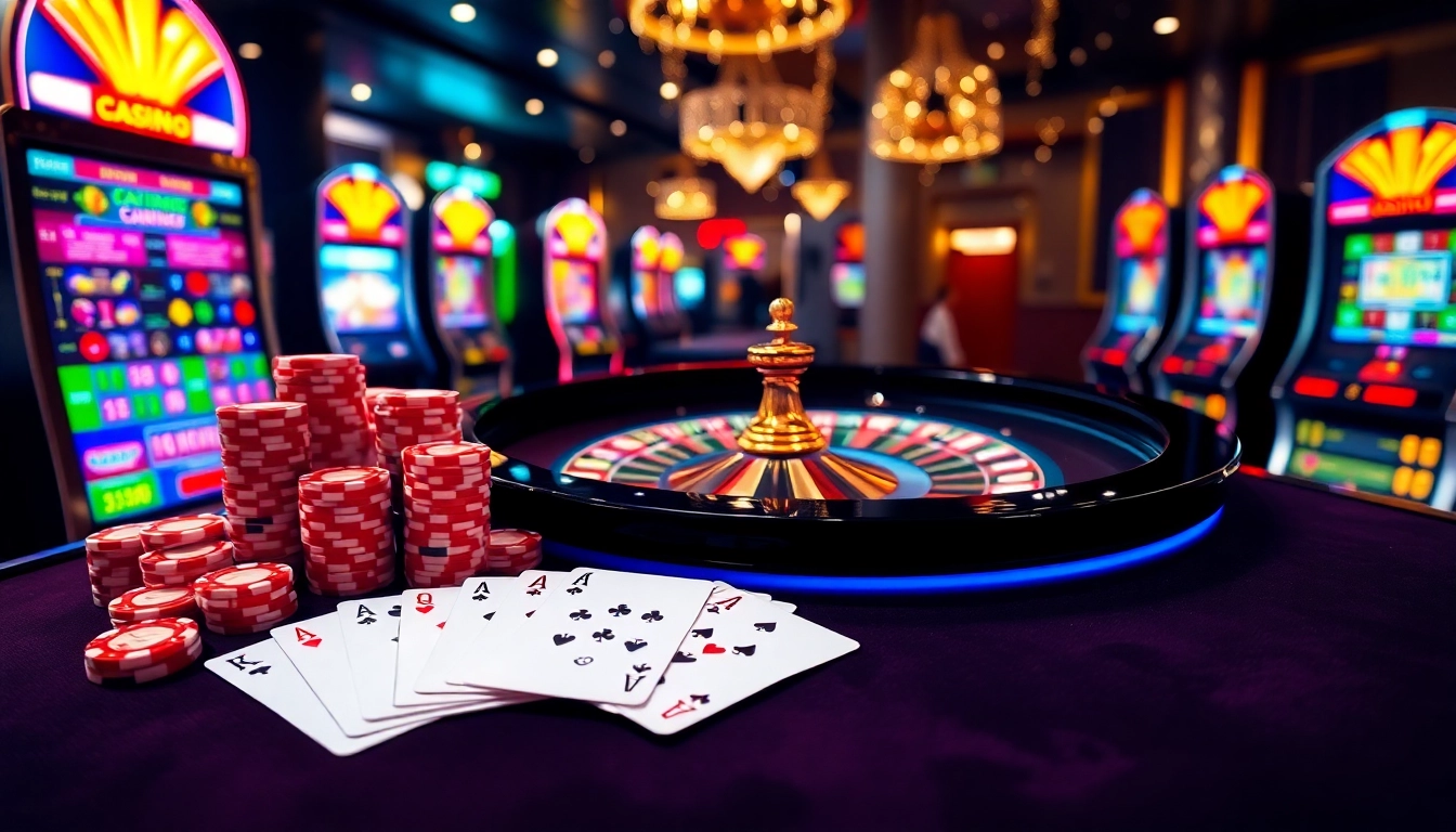 Découvrez l'excitation du meilleur casino en ligne avec des visuels de jeux d'argent vibrants mettant en vedette la roulette, le poker, et les machines à sous.