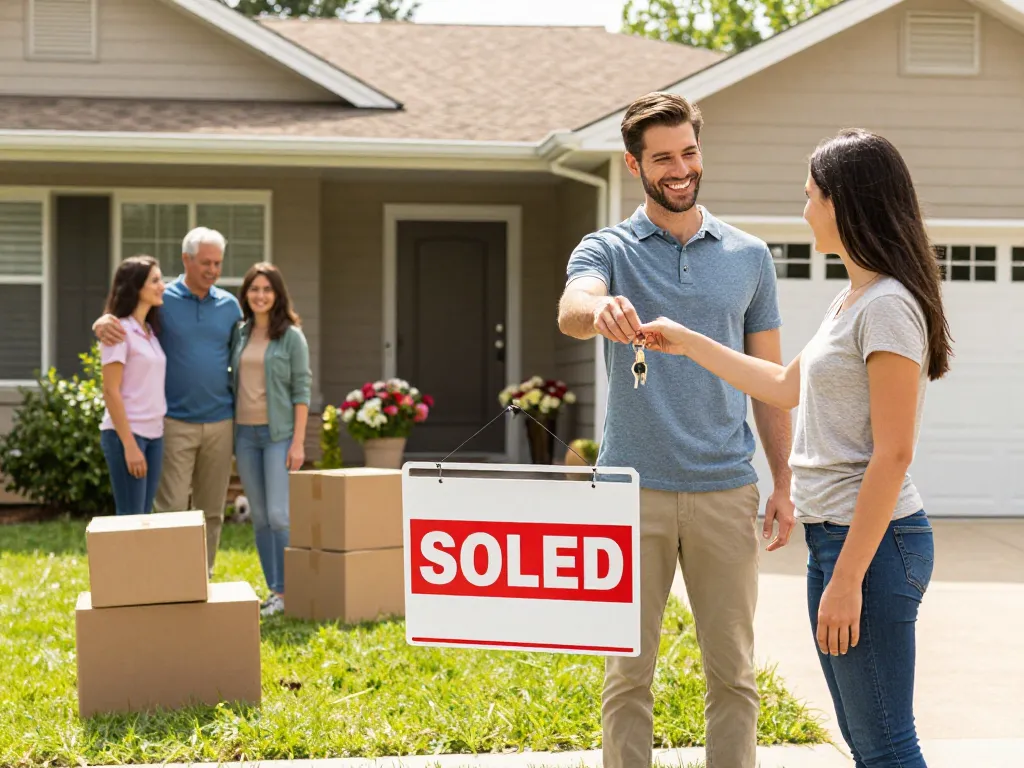 Sell my house fast for cash with a joyful family receiving house keys in front of a sold home.