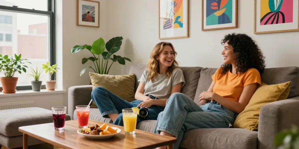 Two women enjoying a cozy moment in a colorful apartment while watching lesbian porn.