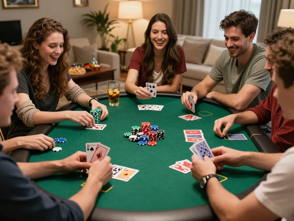 Friends enjoying a lively poker night while playing 8kbet with chips and cards.